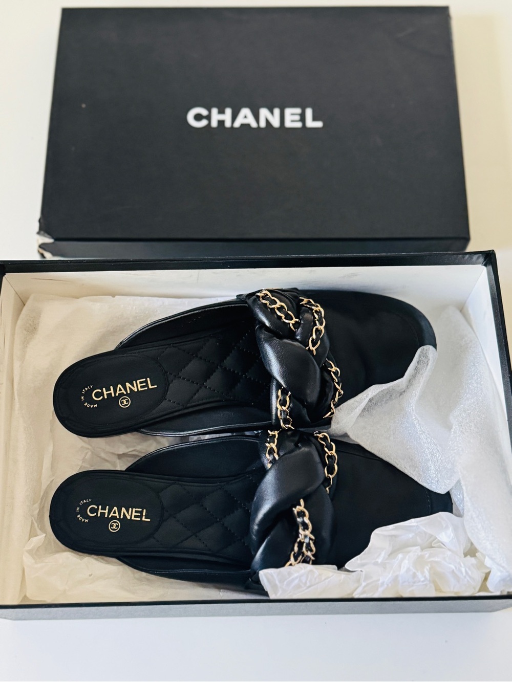 Authentic CHANEL Lambskin Chain Braided Flat Mules in Black and gold chain
